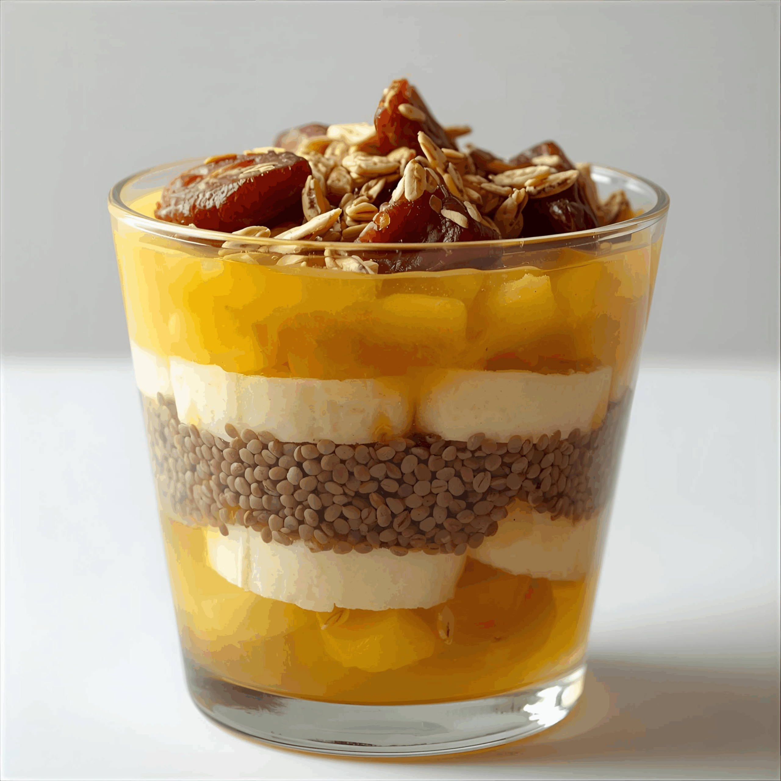 Taça Detox Verde com chia, banana e tâmara em camadas, receita saudável para intestino feliz e pele bonita.